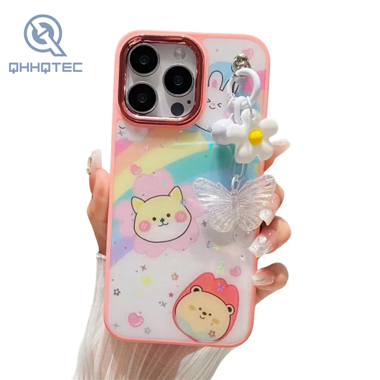 customized cartoon glitter with pendant phone cases for iphone 15 pro