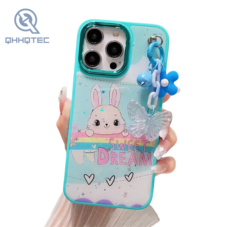 customized cartoon glitter with pendant phone cases for iphone 15 pro