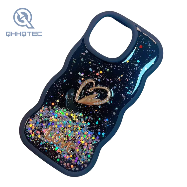 big wave glitter with love heart phone cases for iphone 13