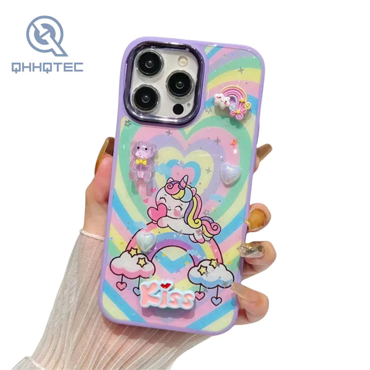 cute pattern glass phone case for iphone with 3d decoration