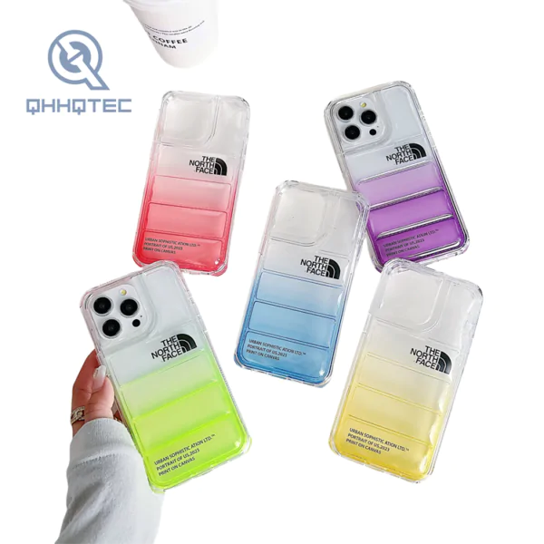 2 in 1 transparent gradient color down filled garment phone case for iphone customizable logo