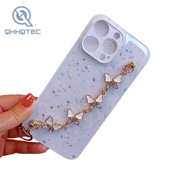 simple solid color with sequin bling phone case with chain