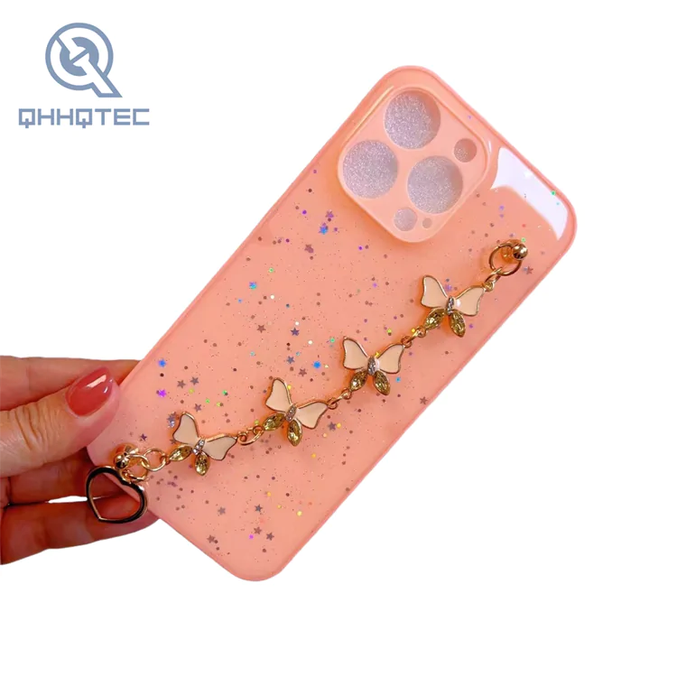 simple solid color with sequin bling phone case with chain