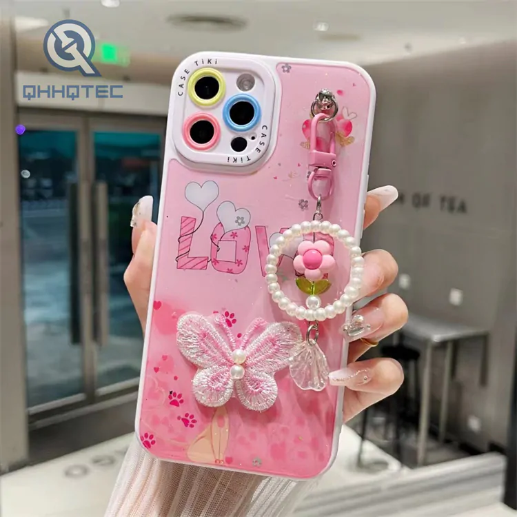 pink bow with hanging chain phone case for iphone 14 pro max