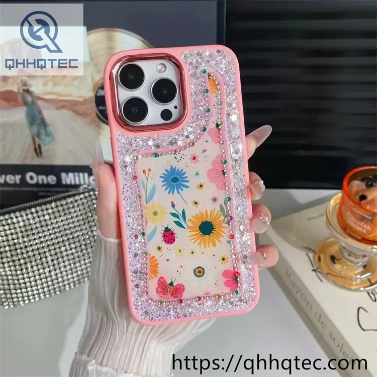 flowers diamonds glitter sequins phone cover