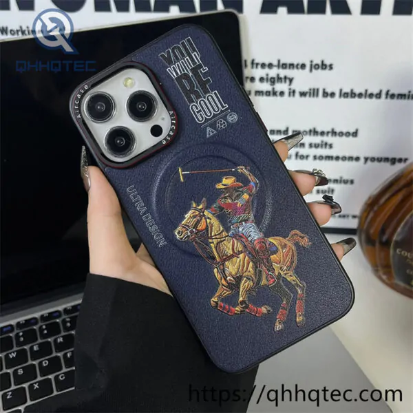 side leather imitation embroidery animal magnetic phone case