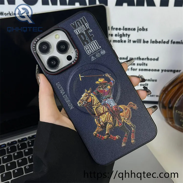 side leather imitation embroidery animal magnetic phone case