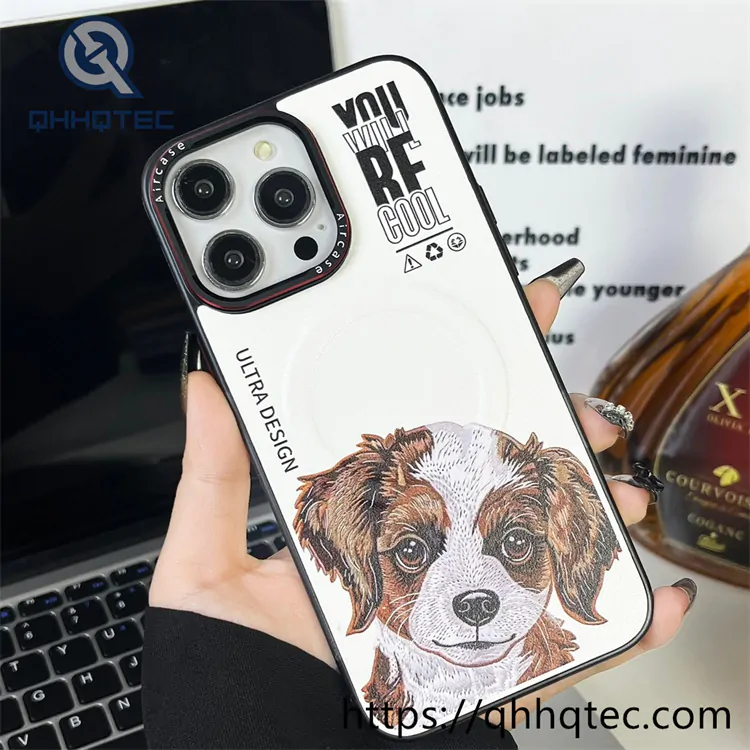 side leather imitation embroidery animal magnetic phone case