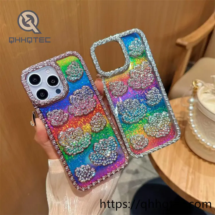 rainbow color 3d rose diamond phone case