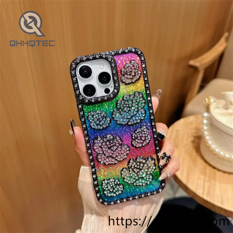 rainbow color 3d rose diamond phone case