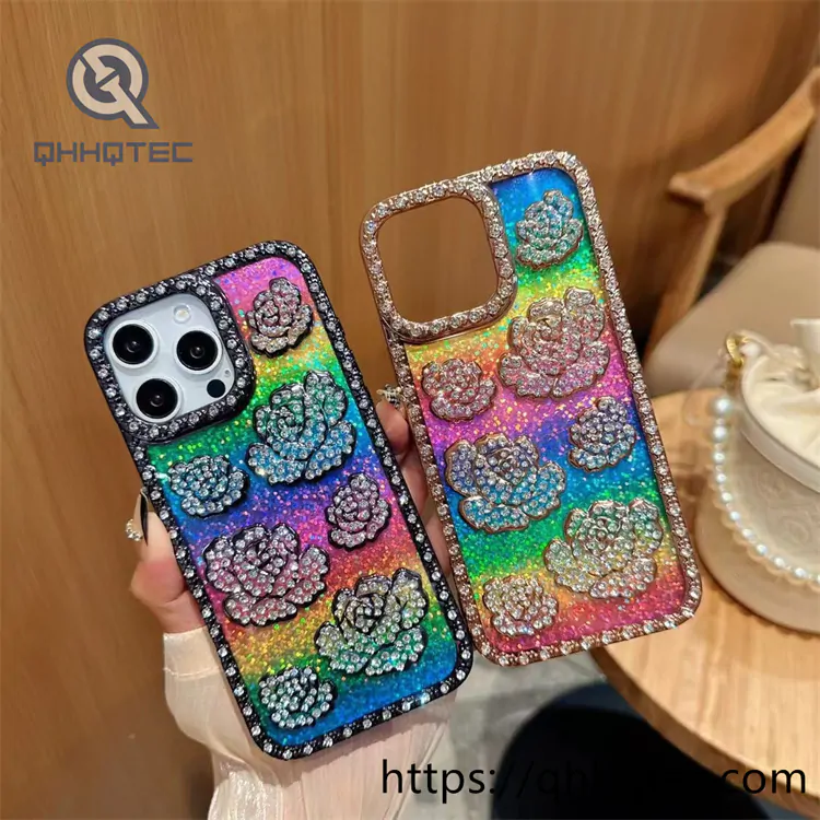 rainbow color 3d rose diamond phone case