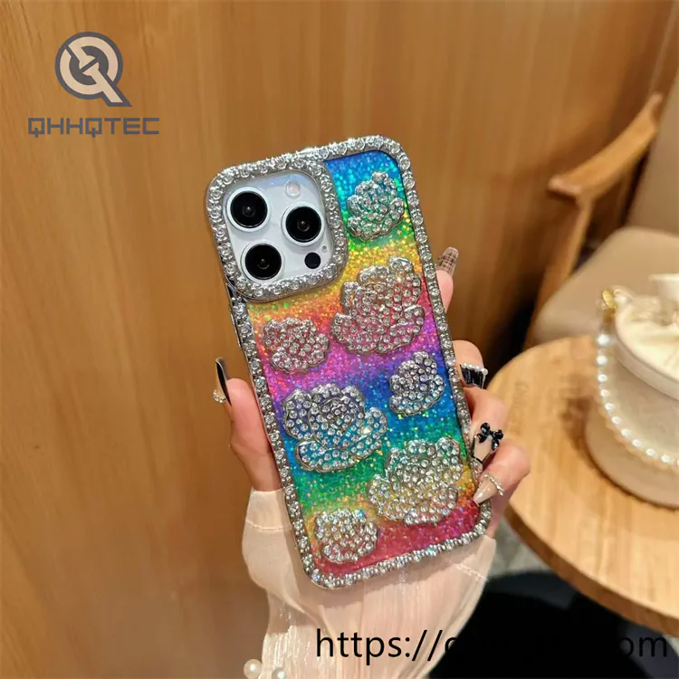 rainbow color 3d rose diamond phone case