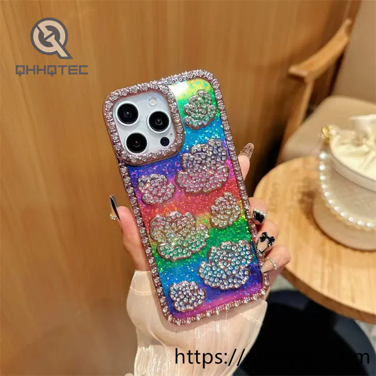 rainbow color 3d rose diamond phone case