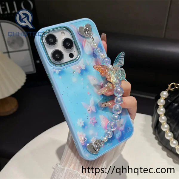 epoxy glitter butterfly phone case with bracelet