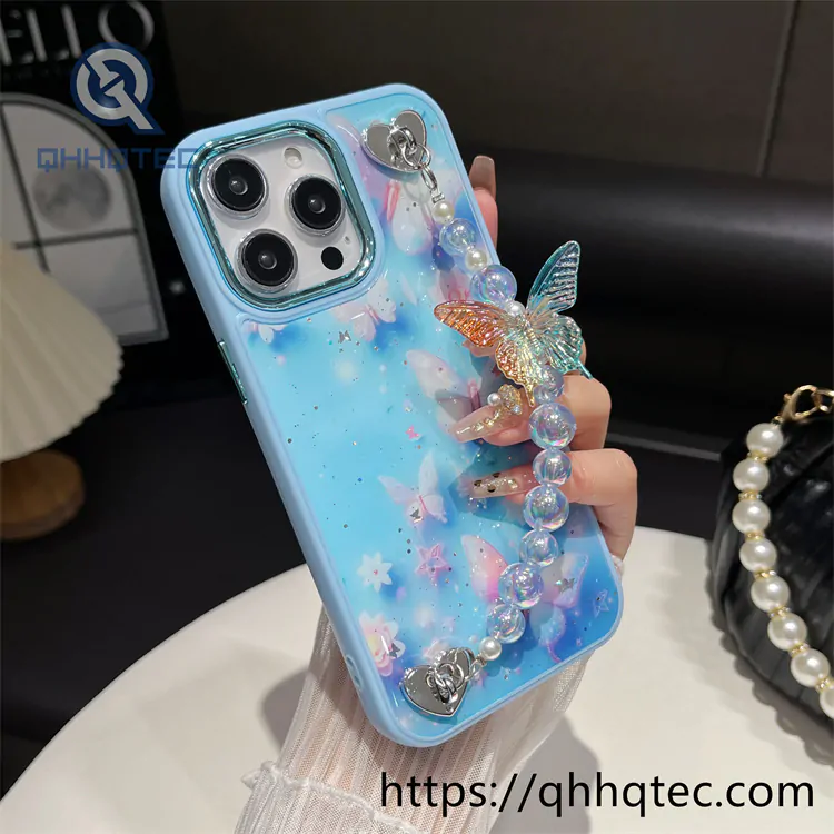 epoxy glitter butterfly phone case with bracelet