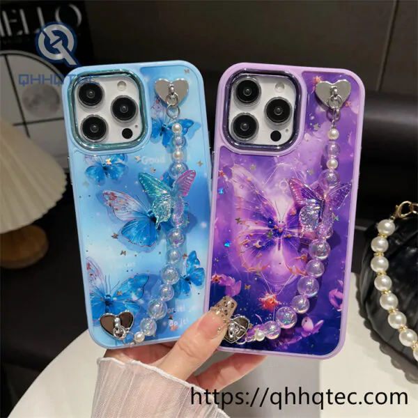 epoxy glitter butterfly phone case with bracelet