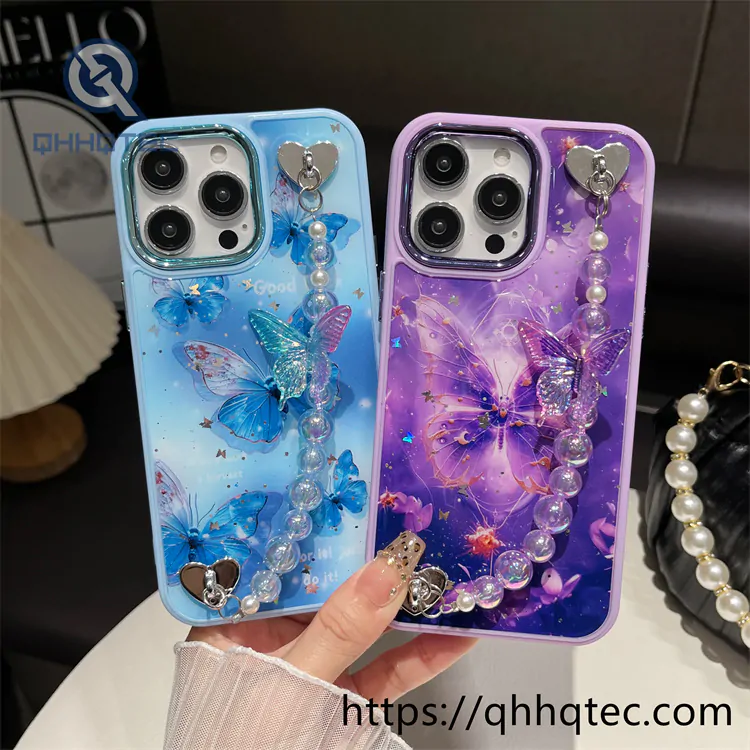 epoxy glitter butterfly phone case with bracelet