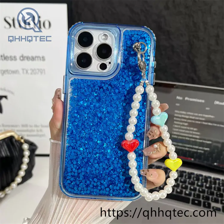 3 in 1 epoxy flash diamond hole camera frame phone case with bracelet