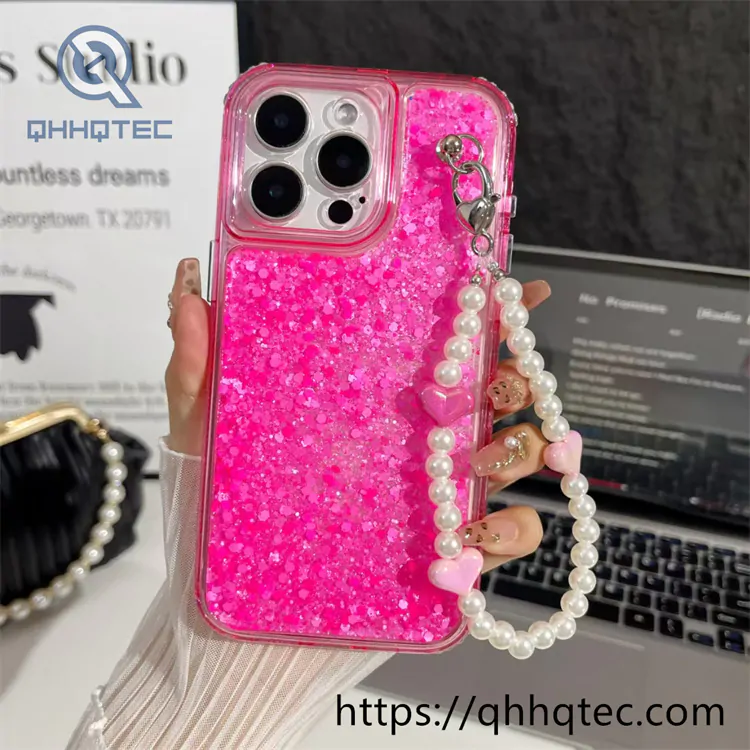 3 in 1 epoxy flash diamond hole camera frame phone case with bracelet