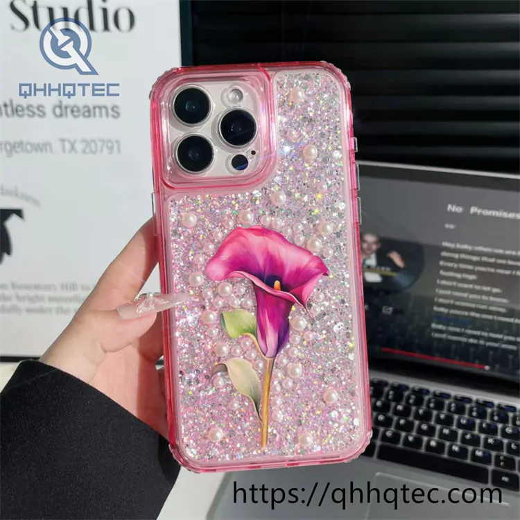 full sequins 3 in 1 flowers phone case pearl decoration
