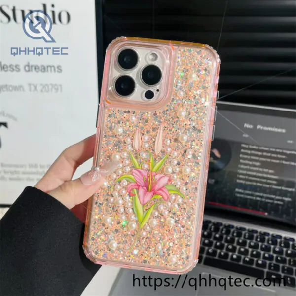 full sequins 3 in 1 flowers phone case pearl decoration