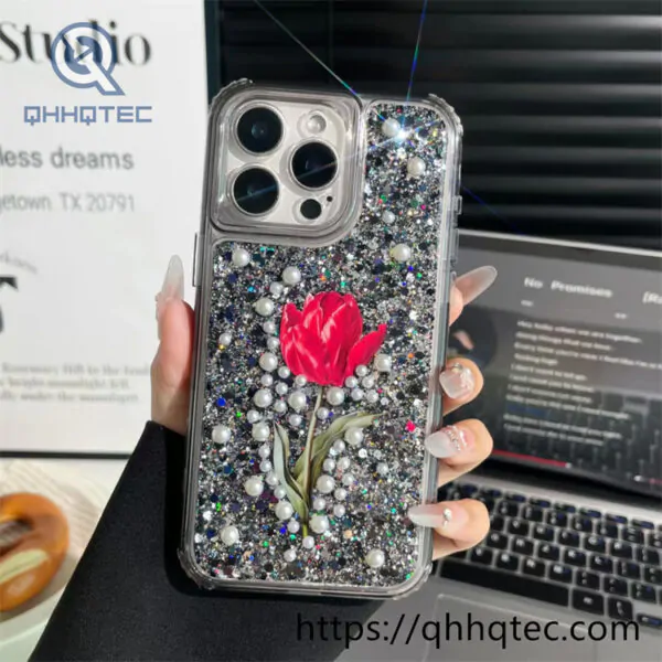 full sequins 3 in 1 flowers phone case pearl decoration