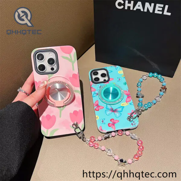 2 in 1 flower case diamonds bracket with lanyard