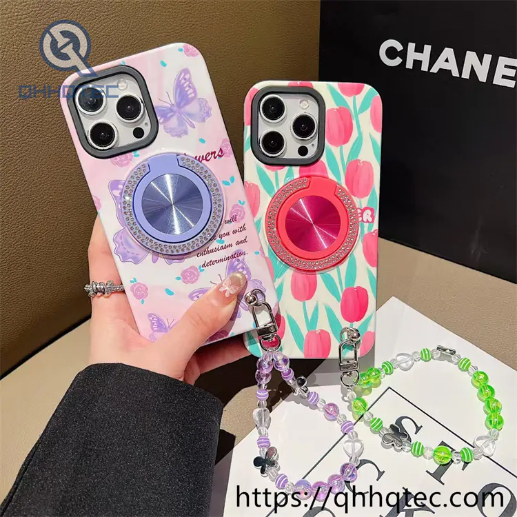 2 in 1 flower case diamonds bracket with lanyard