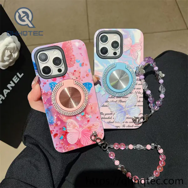 2 in 1 flower case diamonds bracket with lanyard