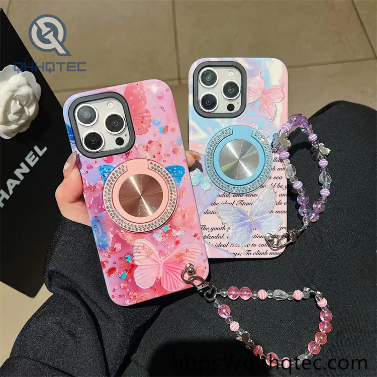 2 in 1 flower case diamonds bracket with lanyard