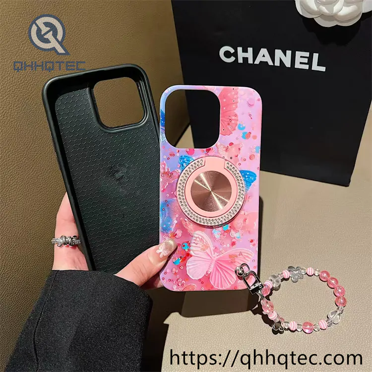 2 in 1 flower case diamonds bracket with lanyard
