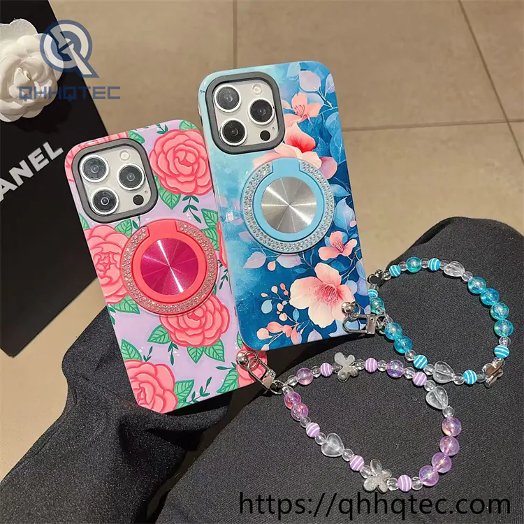 2 in 1 flower case diamonds bracket with lanyard