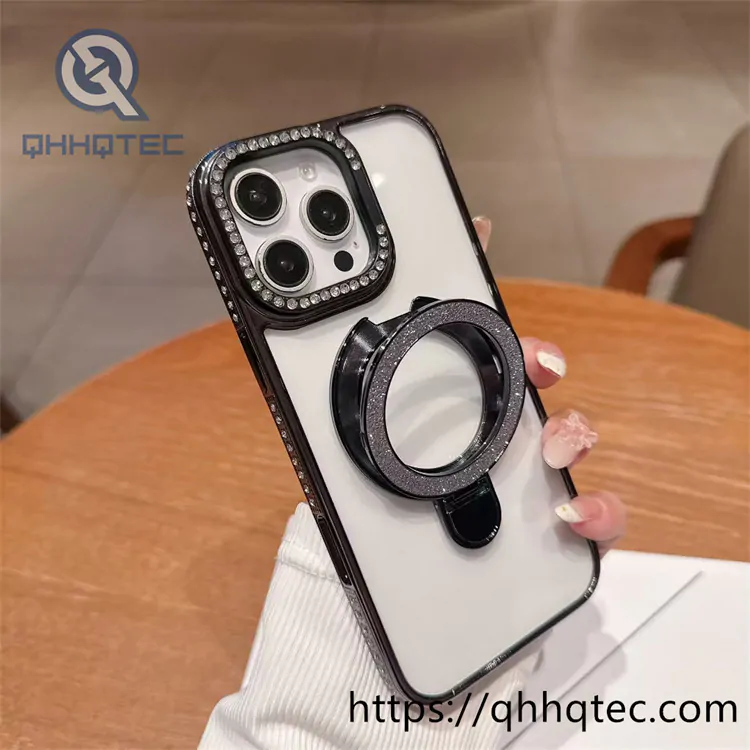 clear magnetic diamon phone case with double metal popsocket