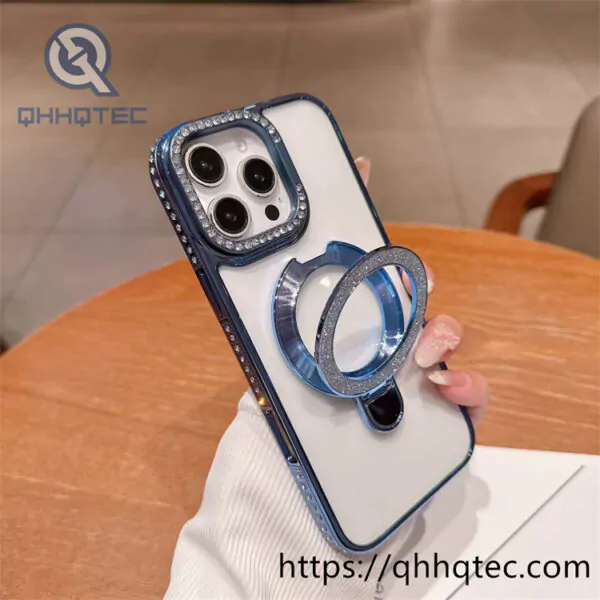 clear magnetic diamon phone case with double metal popsocket