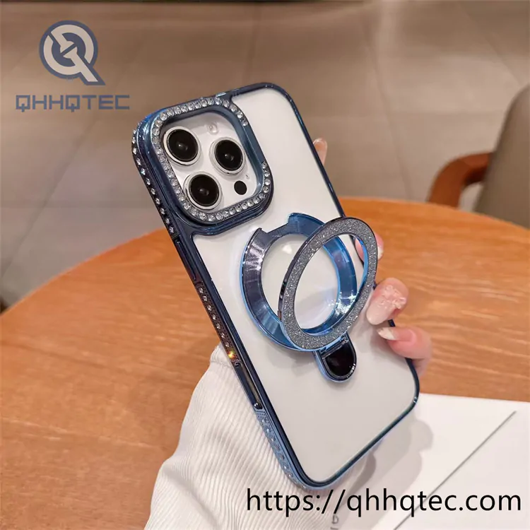 clear magnetic diamon phone case with double metal popsocket