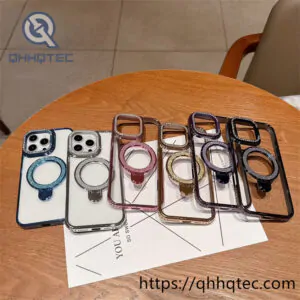 clear magnetic diamon phone case with double metal popsocket