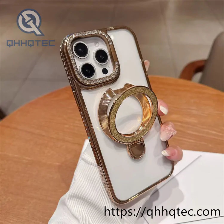 clear magnetic diamon phone case with double metal popsocket