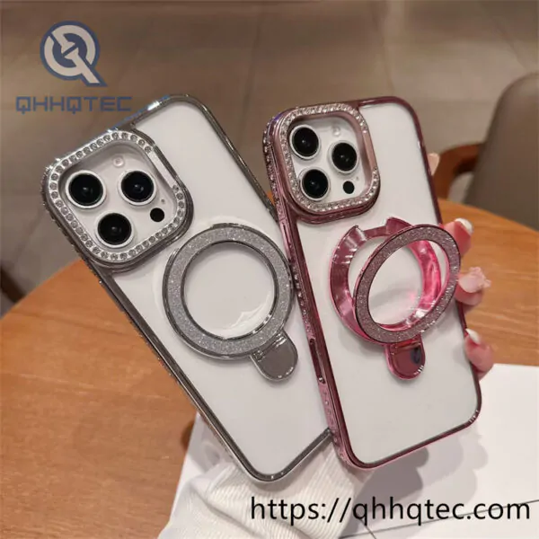 clear magnetic diamon phone case with double metal popsocket