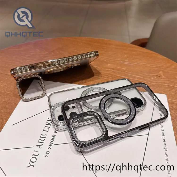 clear magnetic diamon phone case with double metal popsocket