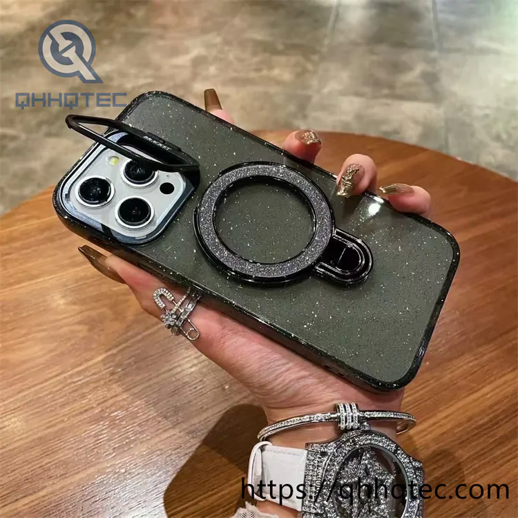 bling transparent case with double holder and metal camera protector