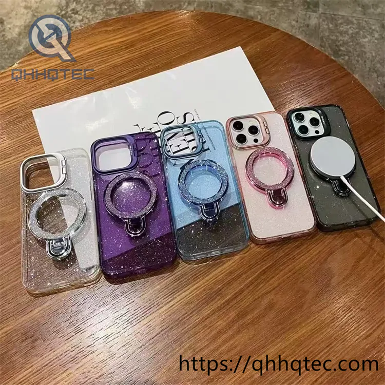 bling transparent case with double holder and metal camera protector