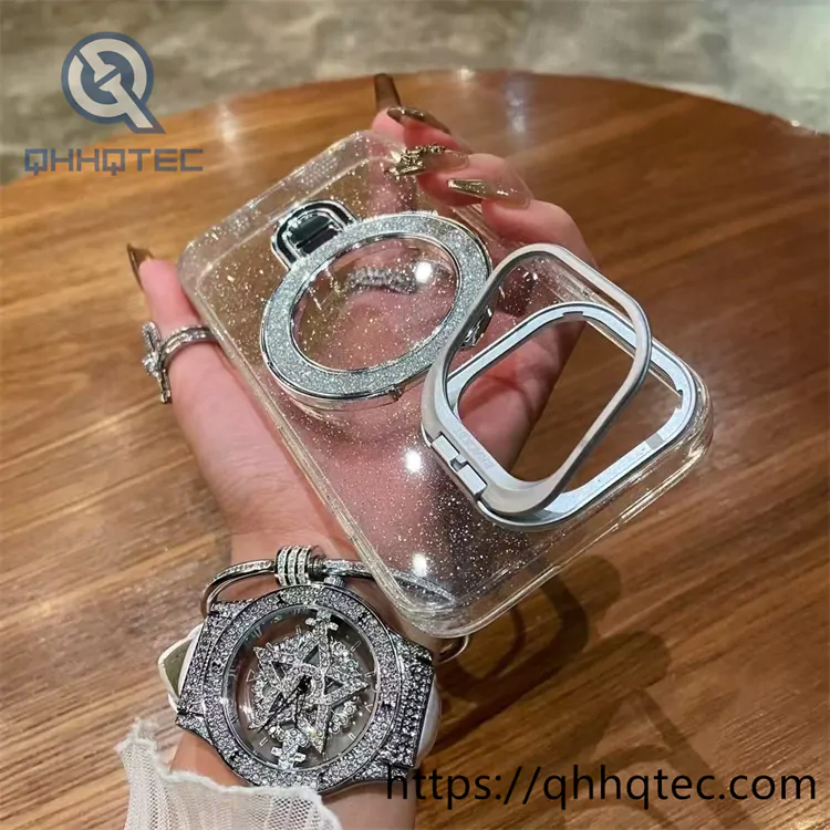 bling transparent case with double holder and metal camera protector