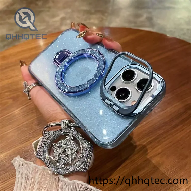 bling transparent case with double holder and metal camera protector