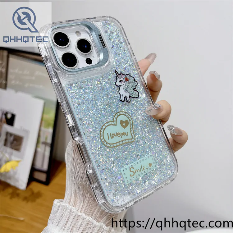 heart unicorn 3 in 1 glitter case